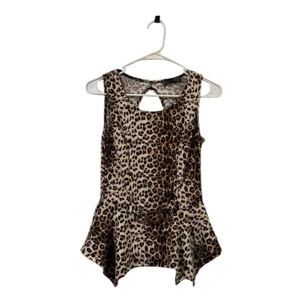 VTG Cheetah Leopard Animal Print Top‎ Size M Peplum Flared Waist Blouse Sexy Y2K